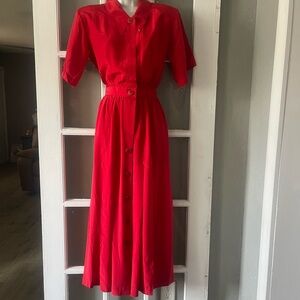 Vintage John Yang Silk Red Midi Dress with Button-Down‎ Front